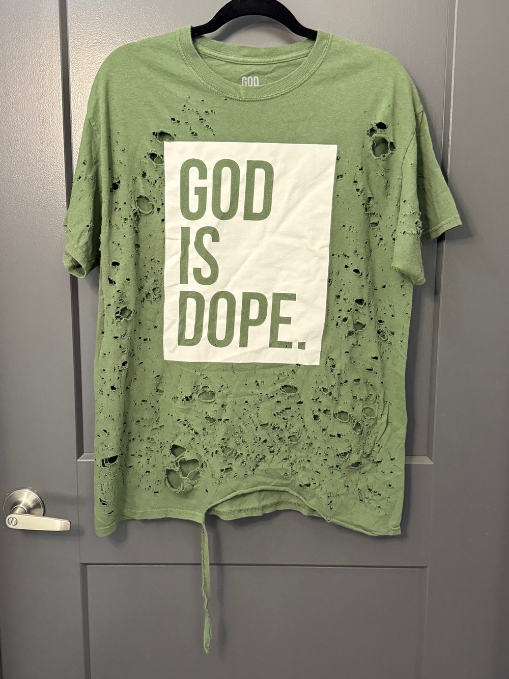 GOD IS DOPE. Distressed Green Tee